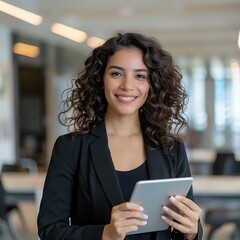 Smiling businesswoman holding tablet in modern office