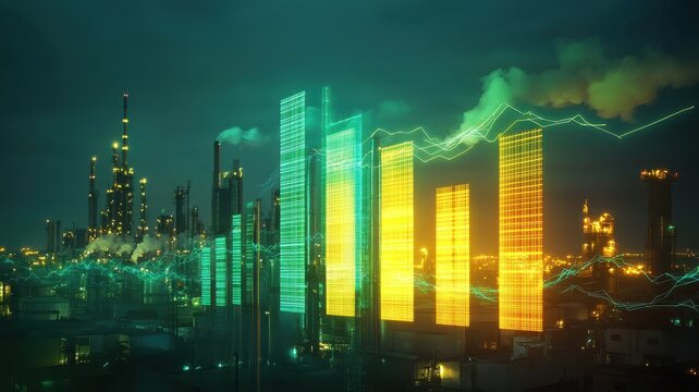 Illuminated bar chart depicting the significant reduction in carbon footprint over time.