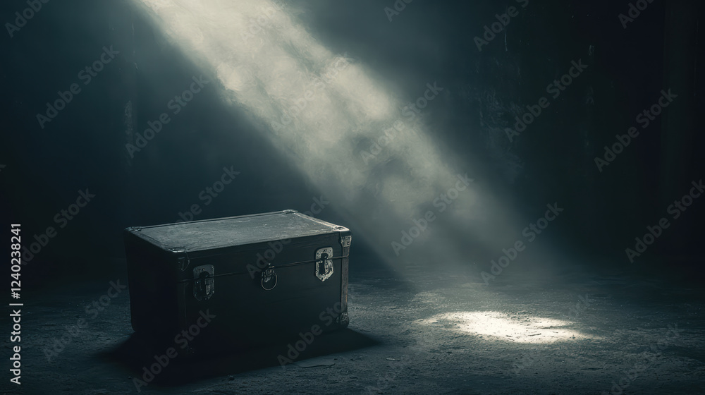 Poster hauntingly empty space with soft light illuminating vintage trunk, creating atmosphere of mystery an