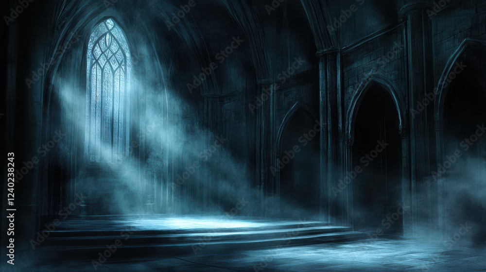 Poster hauntingly empty chamber with soft, mysterious light streaming through stained glass window, creatin