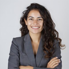 Smiling businesswoman portrait, studio, arms crossed, gray background, professional headshot