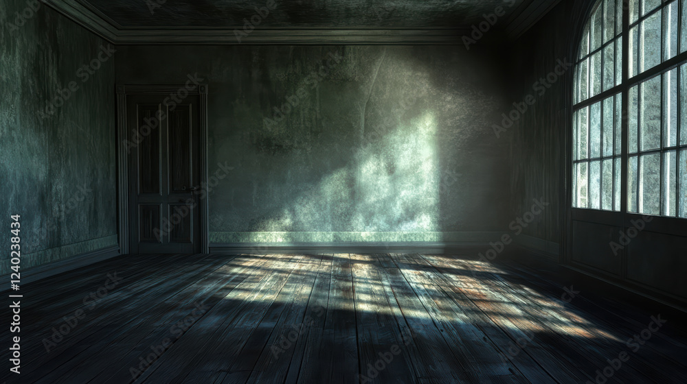 Aufkleber hauntingly empty space with strange light casting shadows on wooden floor, creating eerie atmosphere