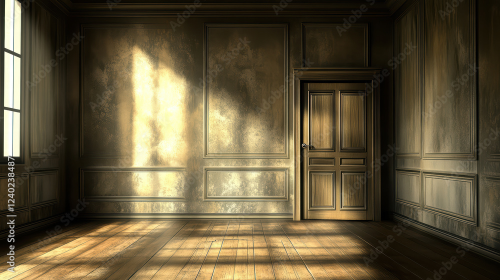 Poster hauntingly empty space with warm light casting shadows on wooden walls, creating serene yet eerie at
