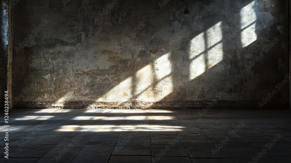 Poster hauntingly empty space with strange light casting shadows on wall, creating eerie atmosphere. worn t