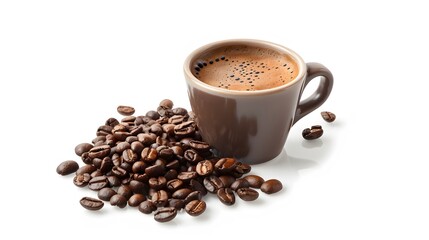 Obraz premium A detailed photo-realistic image of a cup of espresso with a pile of coffee beans beside it, with a white background