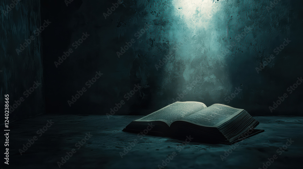 Poster hauntingly empty space with strange light illuminating open book, creating eerie atmosphere. shadows