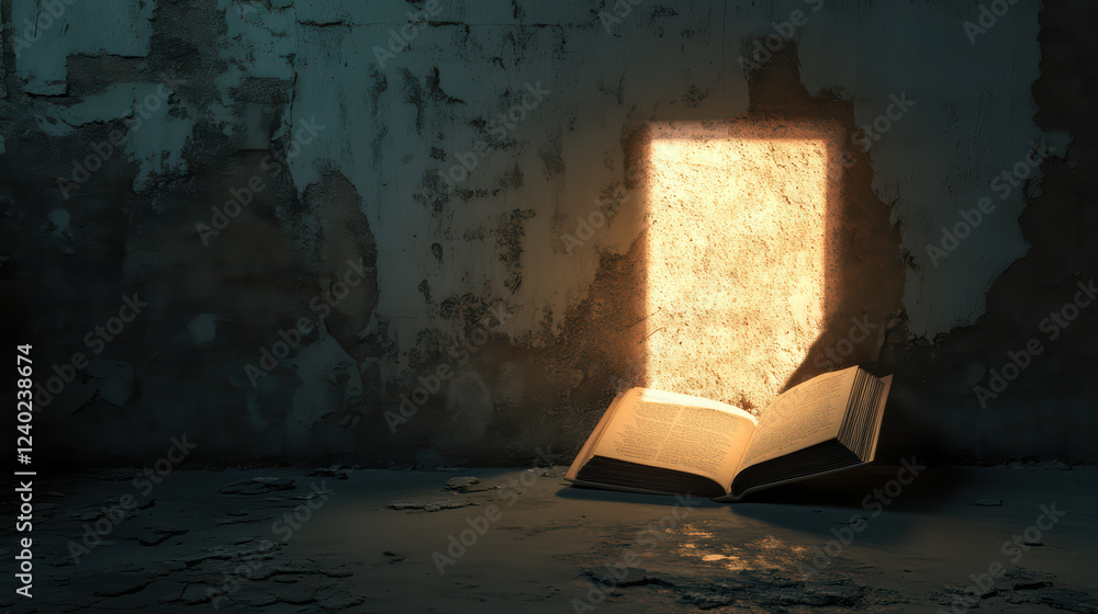 Poster mysterious open book illuminated by strange light in dimly lit, textured space. light casts intrigui