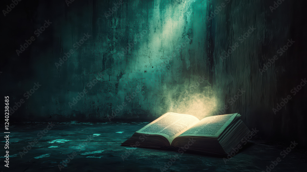 Poster hauntingly empty space with open book illuminated by strange light, creating eerie atmosphere. shado