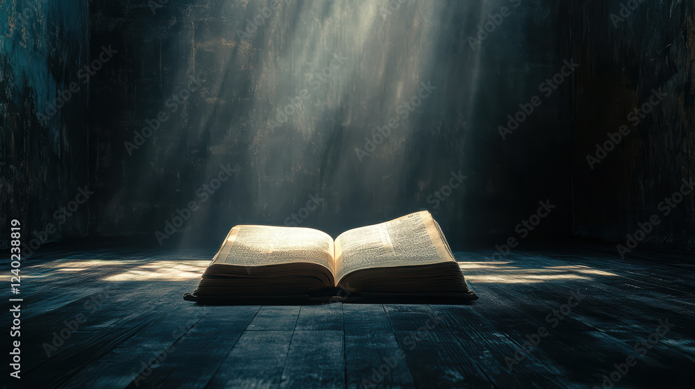 Aufkleber hauntingly empty space with book illuminated by strange light, creating serene atmosphere. interplay