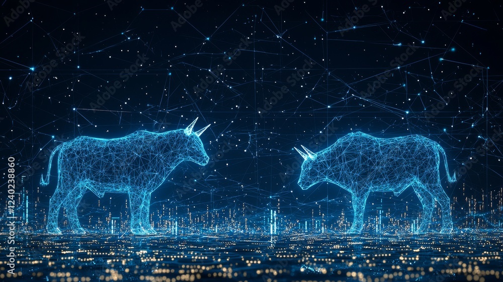 Aufkleber dynamic digital representation of bull market with abstract geometric wireframe bulls against starry