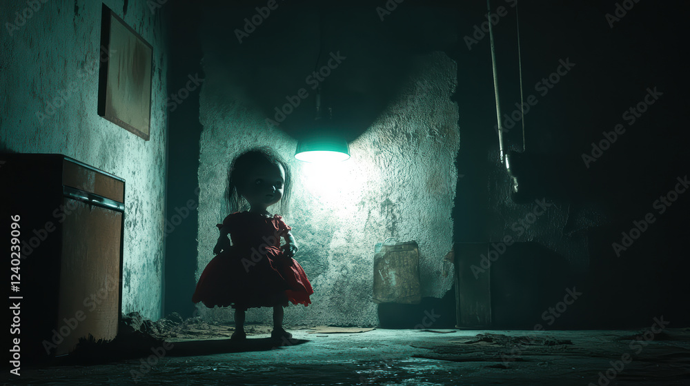 Poster hauntingly empty space with strange light illuminating doll in red dress, creating eerie atmosphere.