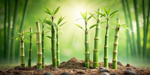 Obraz premium Serene Bamboo Shoots Emerging from Rich Soil in a Lush Green Forest Setting