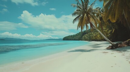 Tranquil beach scene, pristine white sand, turquoise water, palm trees swaying, perfect for relaxation and escape.