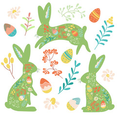 Happy Easter elements collection. Cute spring bunnies with floral texture, eggs and plants. Colorful flat vector templates for social media post, online advertising, flyer, invitation square design