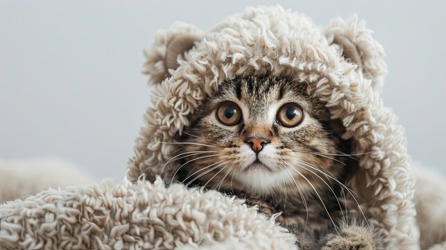A playful gray tabby kitten with large, expressive eyes licking its lips, dressed in a cute bear costume. A fluffy, adorable pet concept on a white background