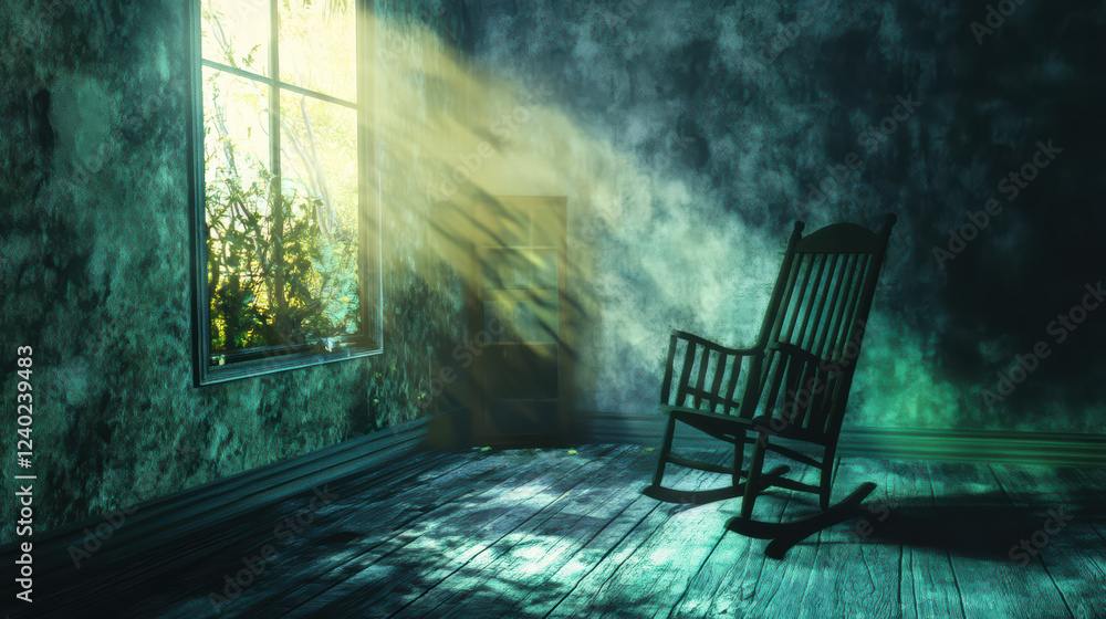 Poster hauntingly empty space with rocking chair illuminated by strange light from window, creating eerie a