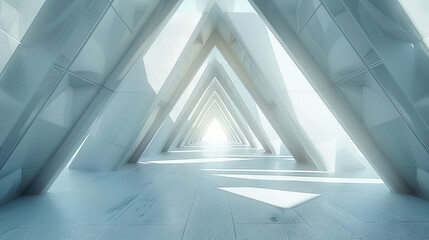 Obraz premium White geometric triangles repeat to create a tunnel of light within an endless, symmetrical modern structure. Background with ample copy space