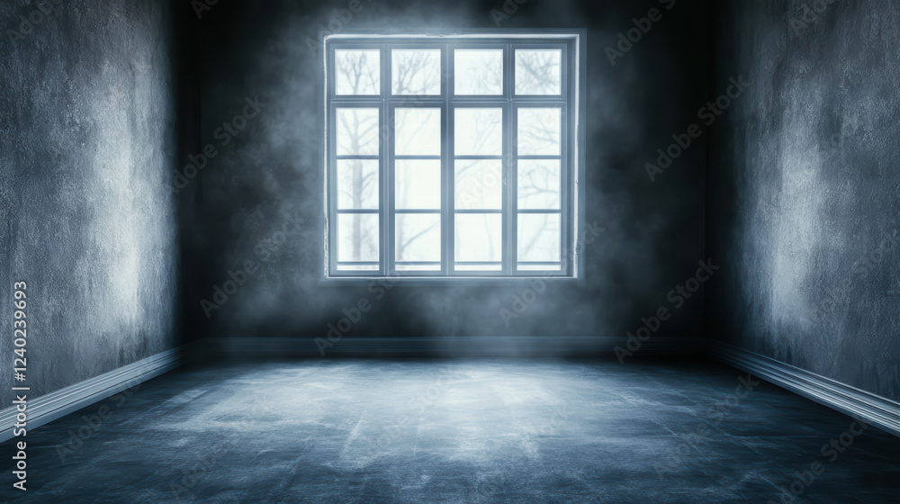 Poster mysterious room with ethereal glow from window, creating eerie atmosphere. fog adds to intrigue, mak