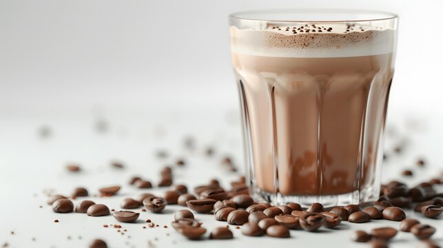 A detailed photo-realistic image of a mocha coffee in a clear glass, with coffee beans around it, with a white background