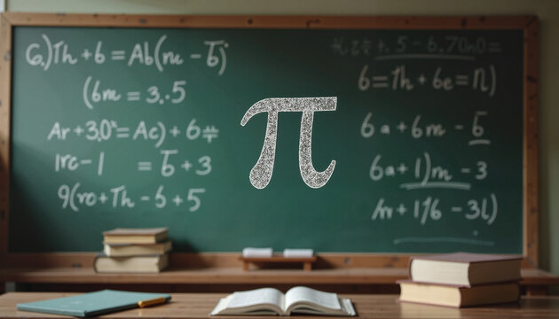  Blackboard with Pi symbol and mathematical equations in white chalk

