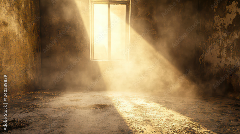 Poster mysterious room with ethereal glow illuminating dusty floor and walls, creating serene atmosphere. s