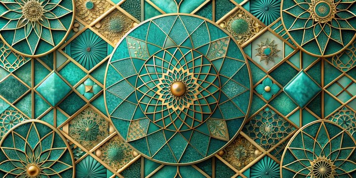 Intricate Teal and Gold Geometric Mandala Mosaic Design Featuring Ornate Circular and Diamond Patterns