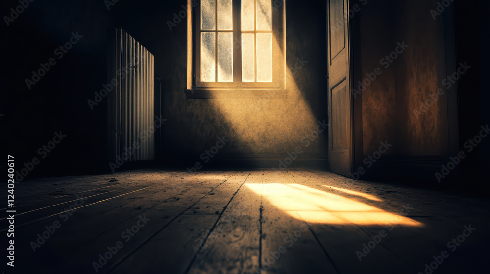 Poster shadowy room with mysterious glow illuminating wooden floor, creating atmospheric and intriguing sce