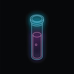 Neon test tube glowing on a dark background, representing chemical experiments and scientific discoveries