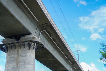Obraz premium Low angle view of a massive concrete train bridge, showcasing its strong pillars and intricate structure against a blue sky. Underneath the Concrete Giant: A Low-Angle View of an Elevated Train Track