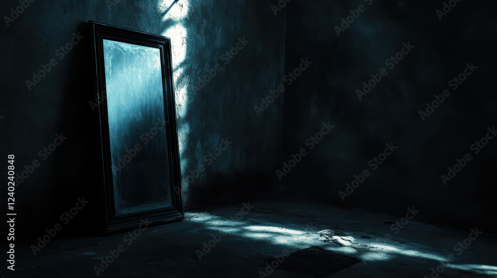 Poster shadowy room with ethereal light illuminating mirror, creating mysterious atmosphere. interplay of l