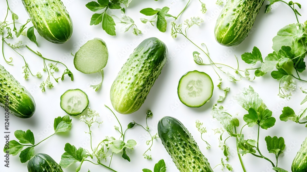 Poster fresh cucumbers arranged with greenery on white background