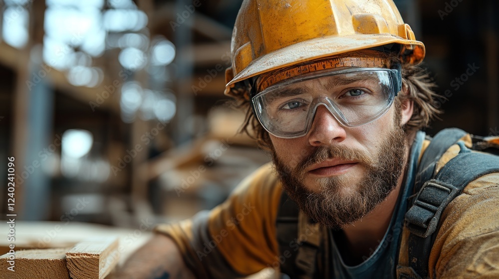 Poster construction worker focused on task in busy workshop setting