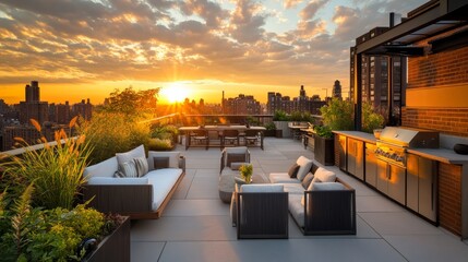 Chic rooftop terrace with stylish seating, lush plants, and a fully equipped outdoor kitchen, set against a golden sunset.