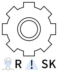 Gearwheel symbol with facial recognition icon and risk warning sign, highlighting potential hazards. Ideal for technology security, data privacy, cybersecurity, tech warnings, risk management, safety