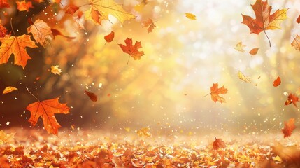 A warm, autumn-themed background with orange and brown leaves scattered across the ground.