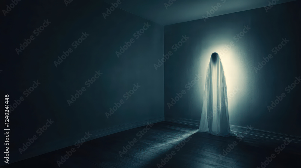Poster spooky room with ghostly figure illuminated by soft glow, creating eerie atmosphere. dark walls and 