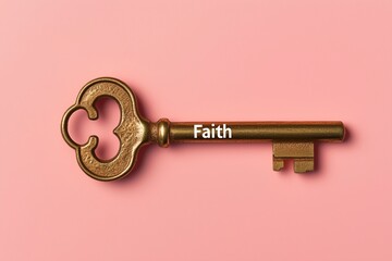 Weathered gold key with "Faith" etched, displayed on a minimal pink gradient backdrop.