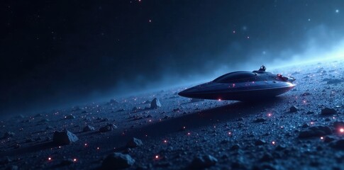 A Futuristic Spaceship Rests on an Alien Planet's Dusty Surface Under a Starlit Sky