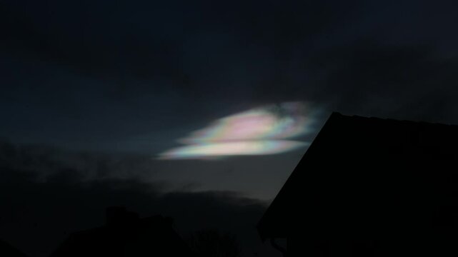 Colorful nacreous polar stratospheric clouds and the silhouette of flying Birds in the sky