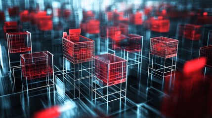 Abstract futuristic digital cityscape with glowing red cubes and wireframe structures in a high-tech environment