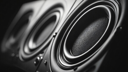 Audiophile's Dream: Close-up monochrome shot of a high-end speaker, showcasing its intricate details and superior craftsmanship. The image emphasizes texture and depth.