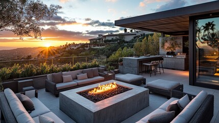 Obraz premium Contemporary rooftop terrace with a stone fire pit, modern lounge seating, and an open-air kitchen, basking in warm sunset light