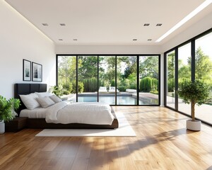 Fototapeta premium Modern bedroom with large windows and greenery.