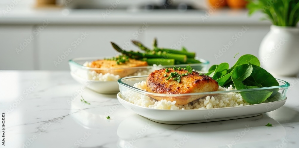 Wall mural Delicious Pan-Seared Protein with Fluffy Rice and Garden Greens, a Healthy and Appealing Meal Prep Idea