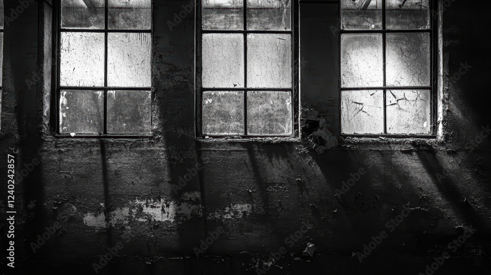 Aufkleber abandoned factory with broken windows, dust motes in air, and shadows creating haunting atmosphere. 