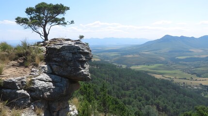 Fototapeta premium Majestic Mountaintop Tree on Cliff Edge Panoramic View