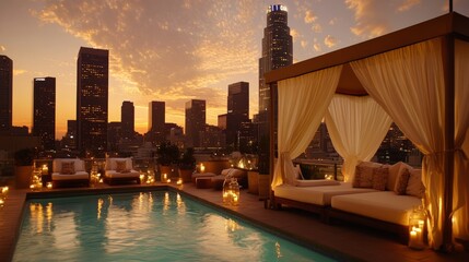 Obraz premium Dreamy rooftop pool lounge with cozy daybeds, soft glowing candles, and an uninterrupted skyline view under a golden evening sky.