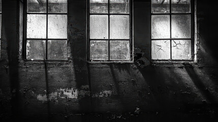 Abandoned factory with broken windows, dust motes in air, and shadows creating haunting atmosphere. scene evokes sense of nostalgia and decay