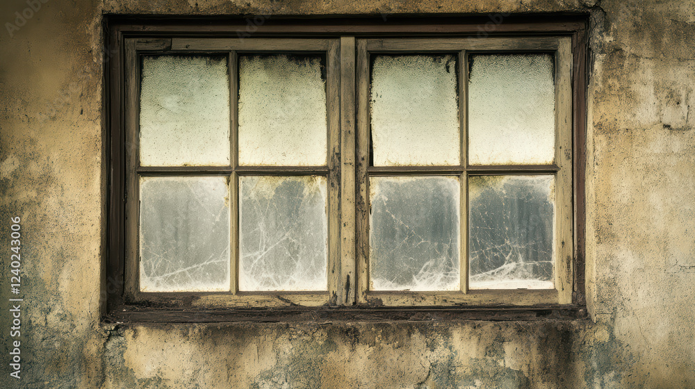 Aufkleber abandoned window with broken glass and dusty frame, evoking sense of neglect and decay. weathered wa