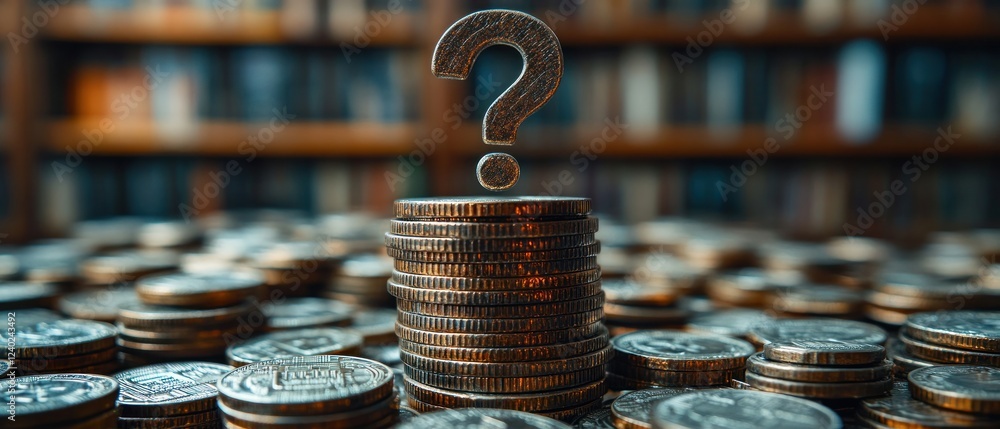 Aufkleber stacked coins with question mark in library setting